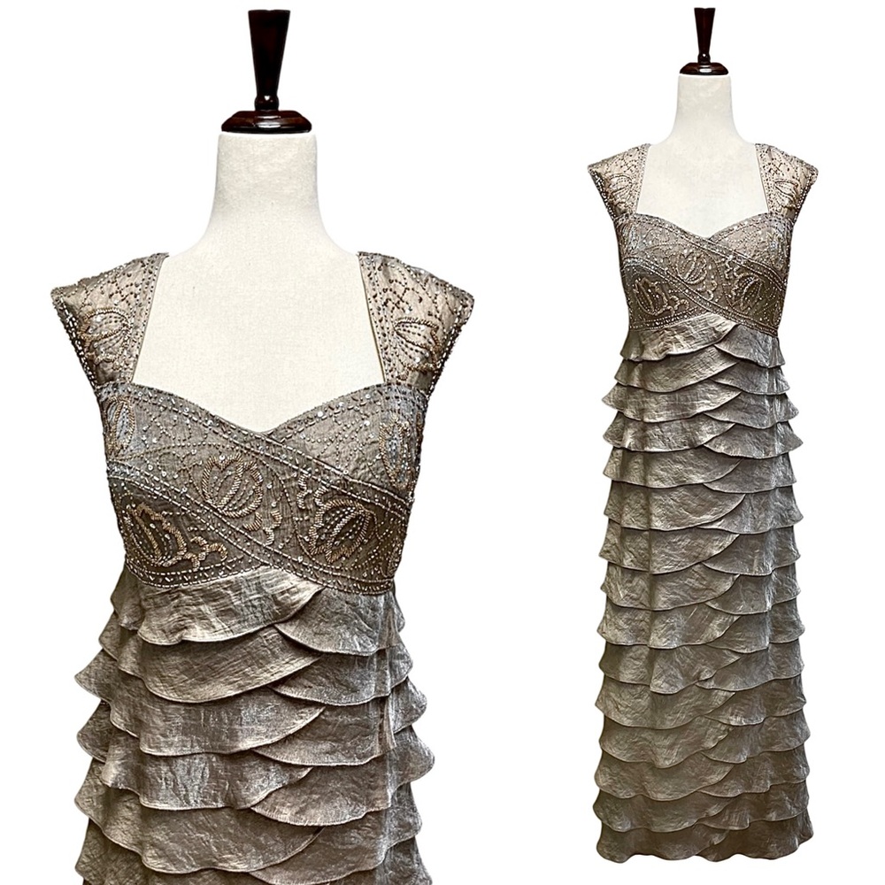 Ignite Evenings By Carol Lin Bead Embellished Tiered Chiffon Gown Taupe … - Picture 2 of 12